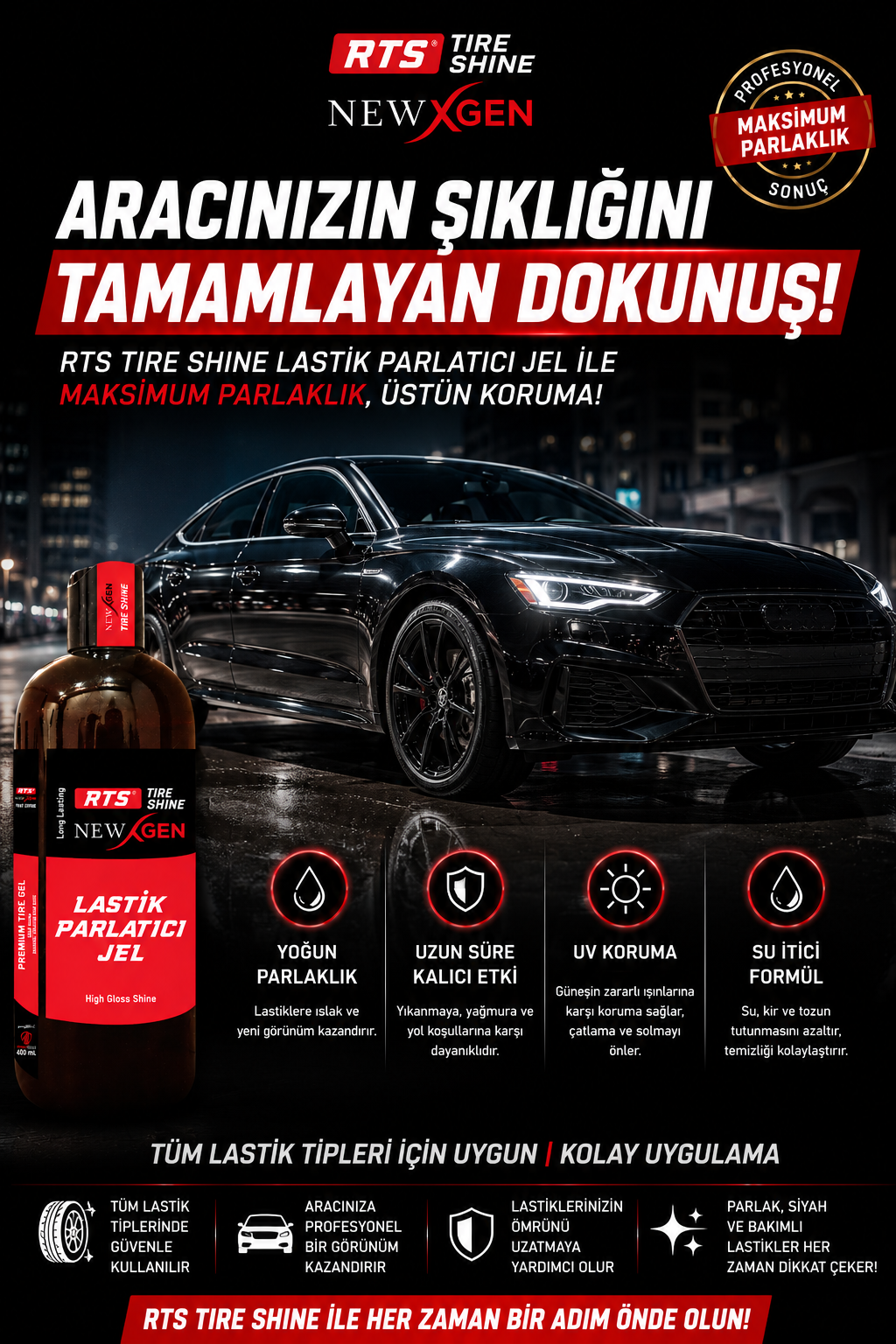 Lastik Parlatıcı Jel 400 ml – Ekstra Parlaklık, Uzun Süreli Koruma ve Temizlik-RTSNewgen