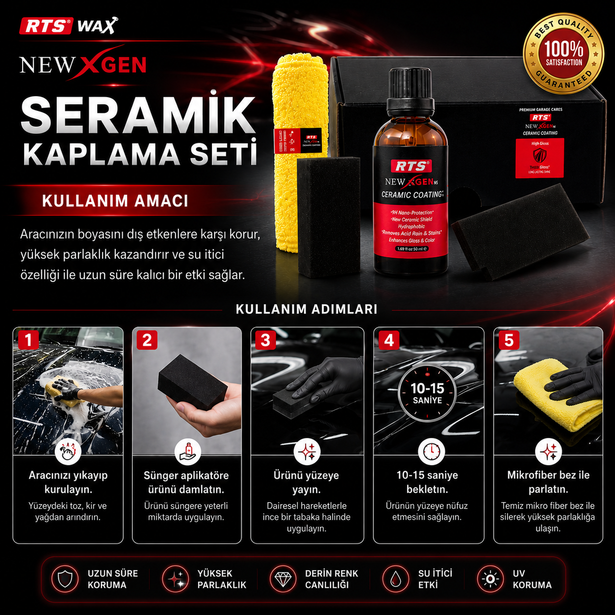 Seramik Kaplama Seti, Premium 50 mL, Boya Koruma, Yüksek Parlaklık, Su itici