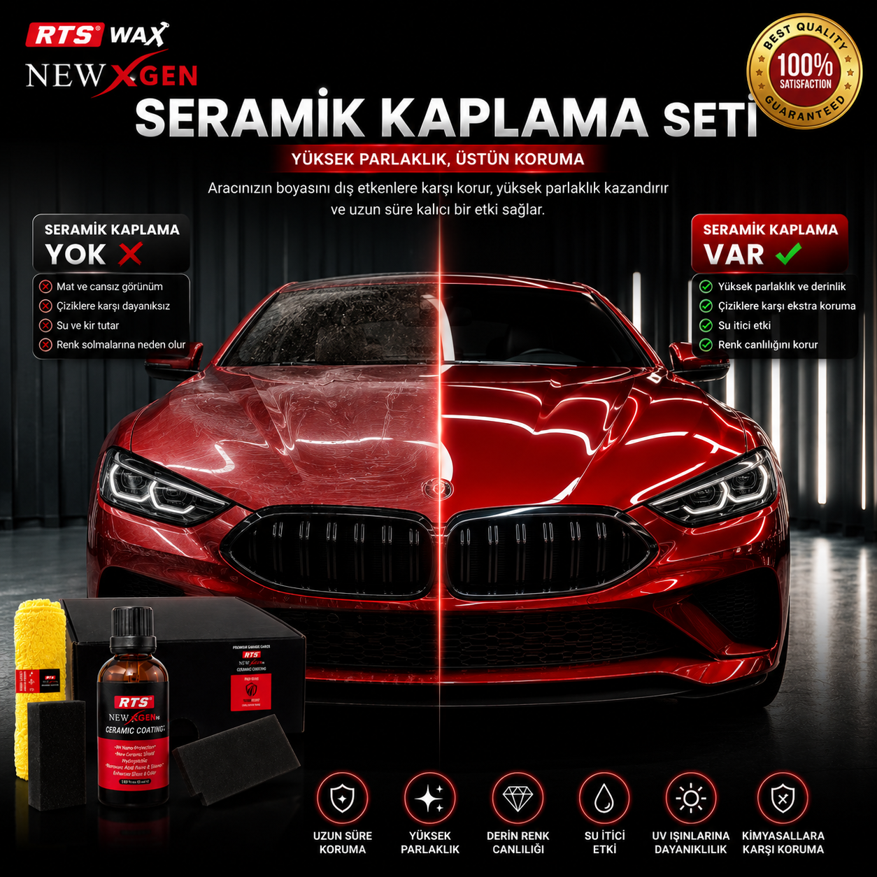 Seramik Kaplama Seti, Premium 50 mL, Boya Koruma, Yüksek Parlaklık, Su itici
