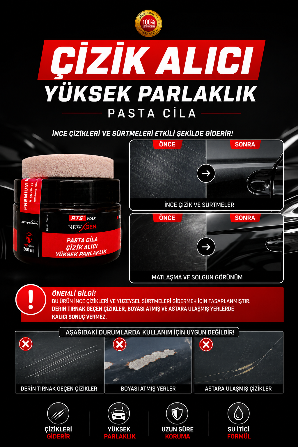 Araba Oto Çizik Giderici, Parlatıcı, Pasta Cila Seti, Oto Bakım, Boya Koruma 200 mL